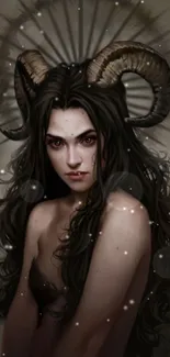 Mystical woman with horns and dark hair in fantasy wallpaper art.