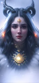 Fantasy illustration of a woman with horns and celestial adornments.