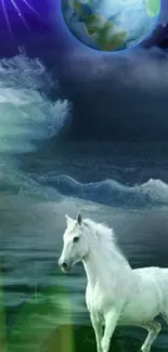 White horse in a mystical, cosmic scene with Earth above.