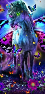 Mystical horse with butterfly wings in vibrant magical forest.