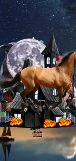 Surreal Halloween scene with horse and castle under moonlit sky.