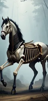 Skeletal horse in misty forest wallpaper.