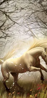 Mystical horse galloping in enchanted forest wallpaper.