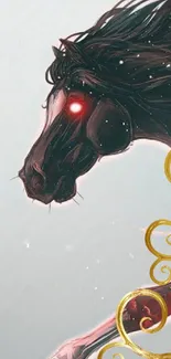 Dark mystical horse with glowing eyes and golden swirls wallpaper.