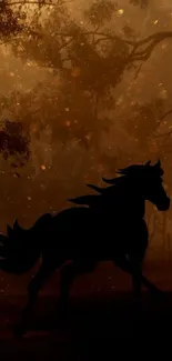 Horse silhouette in a mystical forest wallpaper.