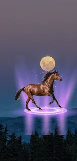 A mystical horse glowing under a full moon in a serene mountain landscape.