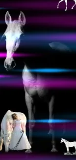 Mystical horse with neon lights in a fantasy mobile wallpaper.