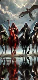 Four mystical horsemen ride through an ethereal cloudy landscape.