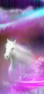 Dreamy white horse in vibrant purple and pink aurora colors.