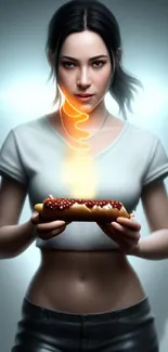 Woman with glowing hot dog and mystical aura artwork.