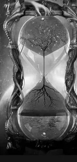 Black and white hourglass with surreal design and mystical elements.