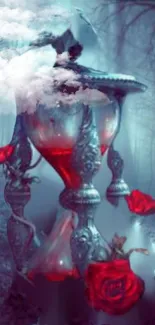 Mysterious hourglass in misty forest with red roses