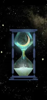 Mystical hourglass with galaxy background.