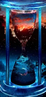 Mystical hourglass against a starry sky.