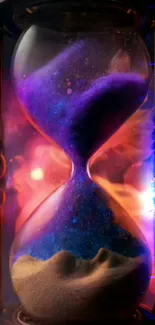 Mystical hourglass with purple sand and cosmic colors in mobile wallpaper.