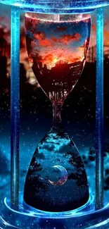 Mystical hourglass with cosmic sky artwork.