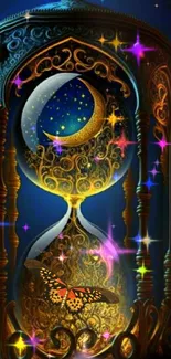 Mystical hourglass with crescent moon and butterfly design.