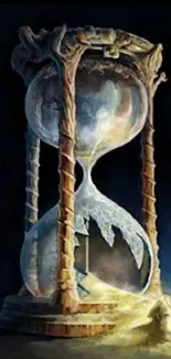 Fantasy-inspired hourglass with flowing sands on a dark blue background.