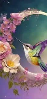 Vibrant hummingbird on floral crescent moon background.