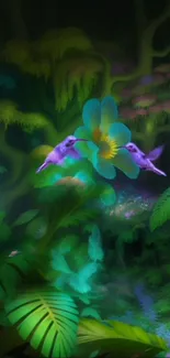 Two hummingbirds in mystical forest with large teal flower.