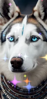 Husky with blue eyes and tribal jewelry in a mystical setting.