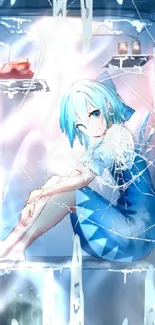 Anime character with icy blue theme on shattered glass background.