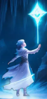 Fantasy art of a mystical figure holding a glowing crystal in an ice cave.