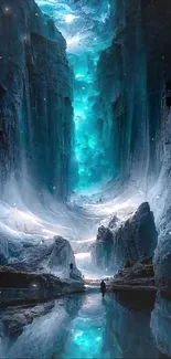 Enchanting ice cavern with teal glow and reflections.