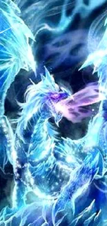 Mystical ice dragon with glowing blue wings in a fantasy mobile wallpaper.