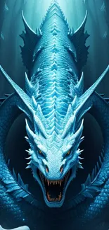 Ice dragon artwork in snowy cave with vibrant blue hues.