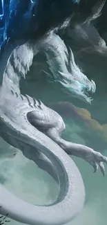 Mystical ice dragon soaring through cloudy skies.