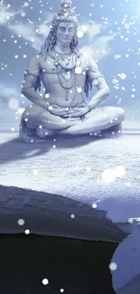 A serene deity sculpture on an icy landscape under a celestial sky.