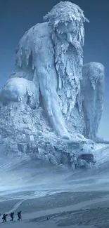 Mystical ice formation with adventurers under a full moon in a winter landscape.