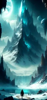 Fantasy mobile wallpaper with mystical ice mountain and glowing moon.