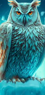 Vibrantly colored ice owl with glowing eyes among icy blue shades.