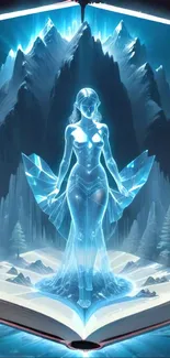 Mystical ice queen in a fantasy mountain landscape wallpaper.