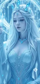 Ice queen in an elegant, blue gown in a mystical setting