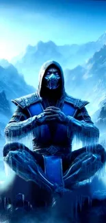 Ice warrior meditating in frozen mountainous landscape.