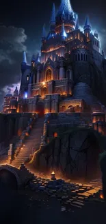 Illuminated castle at night with spires and mist.