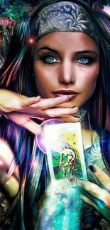 Mystical woman holding tarot card with colorful, magical background.