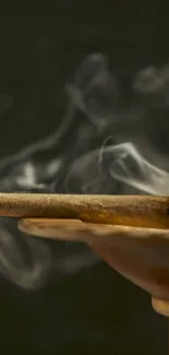 Incense stick emitting mystical smoke against dark background.