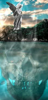 Mobile wallpaper of a mystical island with an angel and underwater skull reflection.