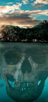 Island reflecting as a skull in blue sea with a vibrant sky background.