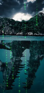 Mystical island with digital green numbers reflected on water against a cloudy sky.