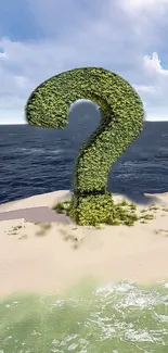 Green question mark island on ocean shore.