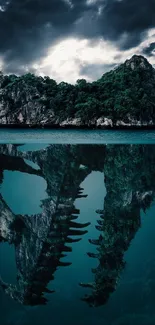 Mystical island with dinosaur skull reflection in the ocean.