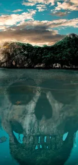 Mystical island with skull reflection in the serene ocean waters.