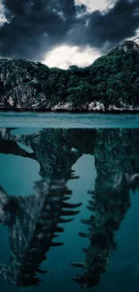 Mysterious island reflection in deep blue water with dark clouds above.