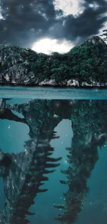 Mysterious island and water reflection with dramatic sky.