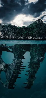 Island with teal underwater dinosaur skull reflection.